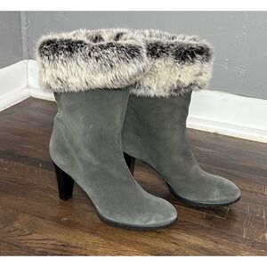 Aquatalia Women's Grey Suede Ankle Boots With Faux Fir Trim Size 10 Never Worn
